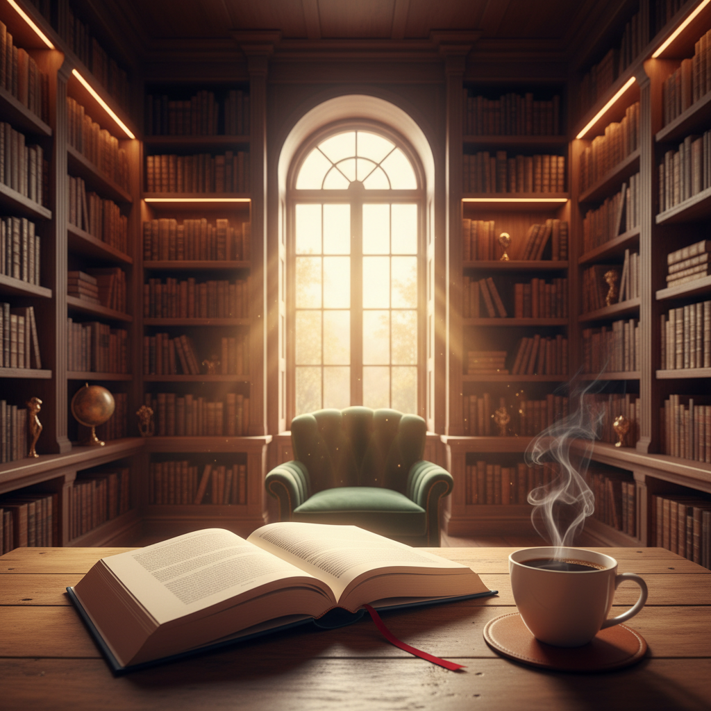 A cozy wooden library filled with floor-to-ceiling bookshelves. In the foreground, an open thick hardcover book on a rustic oak table, soft golden sunlight streaming through a large arched window, a steaming cup of coffee next to the book, cinematic lighting, 8k resolution.