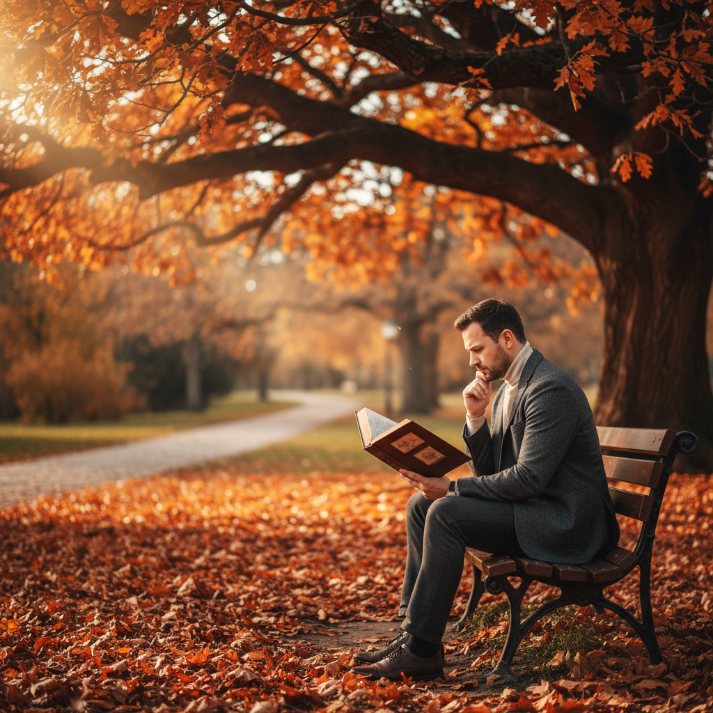A thoughtful person sitting on a park bench under a large spreading oak tree in autumn. They are deeply immersed in a philosophy book, fallen orange leaves on the ground, soft bokeh background, peaceful and intellectual atmosphere.