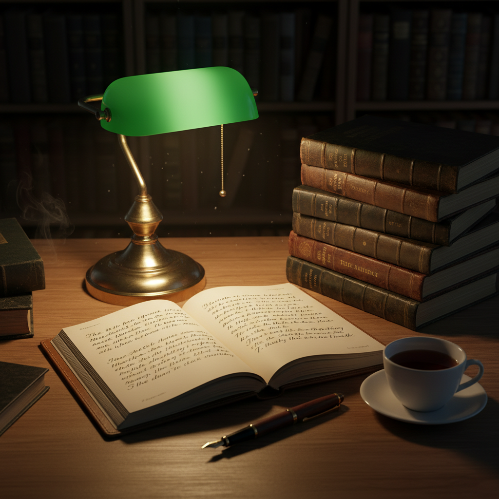 An organized workspace at night, lit by a single vintage desk lamp. An open notebook with handwritten philosophical quotes next to a stack of philosophy books, a fountain pen, deep shadows, intellectual and mysterious vibe.